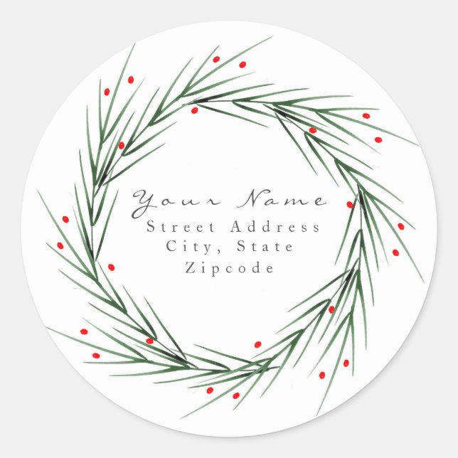 Watercolor Pine Needle and Berries Wreath Classic Round Sticker (Front)