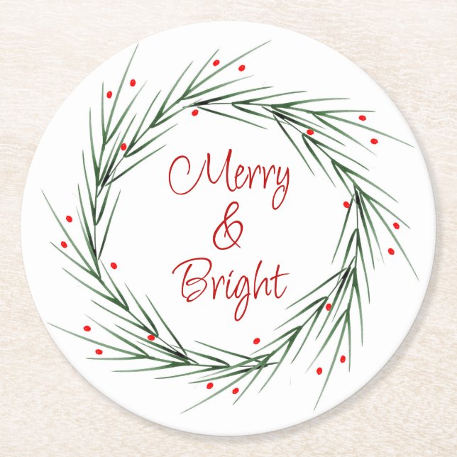 Watercolor Pine Needles and Berries Wreath  Round Paper Coaster (Front)