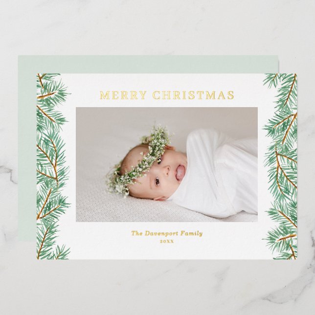 Watercolor Pine Needles Garland Christmas Photo (Front/Back)