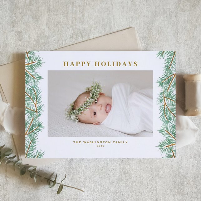 Watercolor Pine Needles Garland Photo Holiday Card (Watercolor Pine Needles Garland Photo Happy Holidays Card)