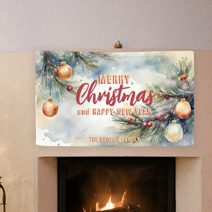 Watercolor Pine Ornaments Family Holiday Party Banner