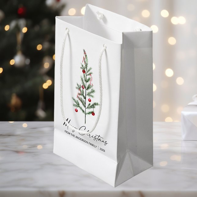 Watercolor Pine Tree Calligraphy Ink Christmas Small Gift Bag (Customize to change your personalized text size or text style.)