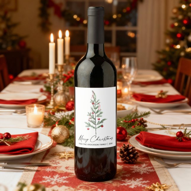 Watercolor Pine Tree Calligraphy Ink Christmas Wine Label (Customize to change your personalized text size or text style.)