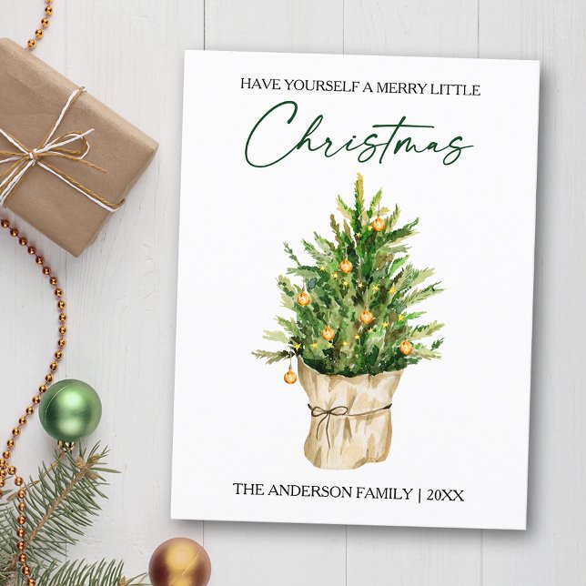 Watercolor Pine Tree Calligraphy Ink Holiday Postcard (Customize to change your personalized text size or text style)