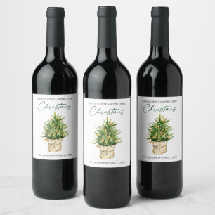 Watercolor Pine Tree Calligraphy Ink Holiday Wine Label