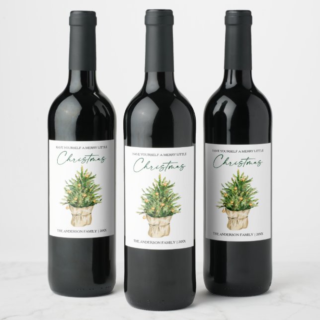 Watercolor Pine Tree Calligraphy Ink Holiday Wine Label (Bottles)