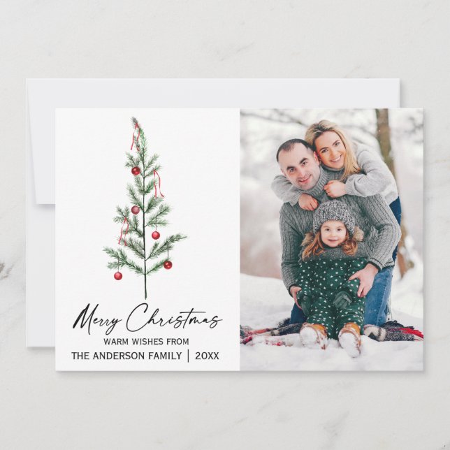 Watercolor Pine Tree Calligraphy Ink Photo Holiday Card (Front)