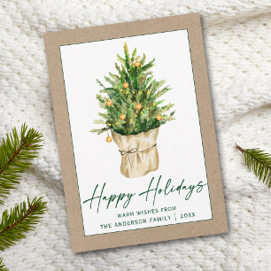 Watercolor Pine Tree Calligraphy Ink Script Kraft Holiday Card