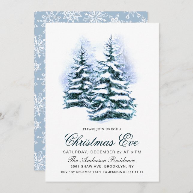 Watercolor Pine Tree Chic Christmas Eve Holiday Invitation (Front/Back)