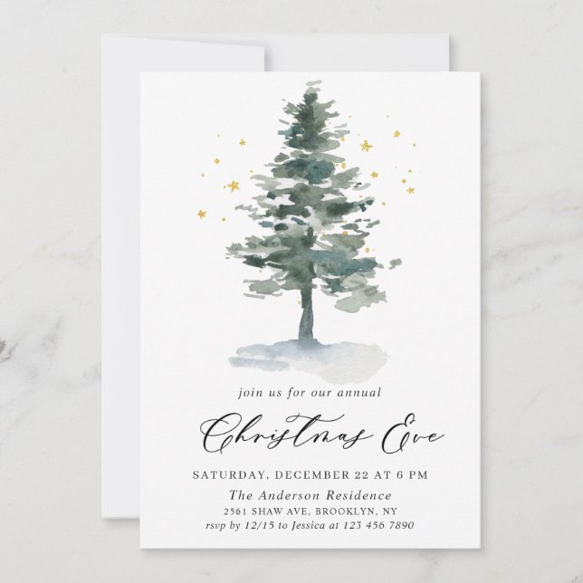 Watercolor Pine Tree Chic Christmas Eve Holiday Invitation (Front)