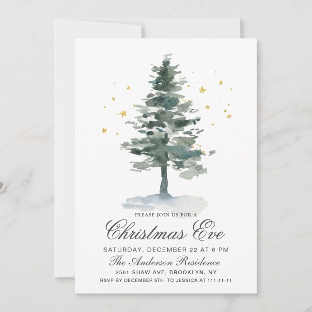 Watercolor Pine Tree Chic Christmas Eve Holiday Invitation (Front)