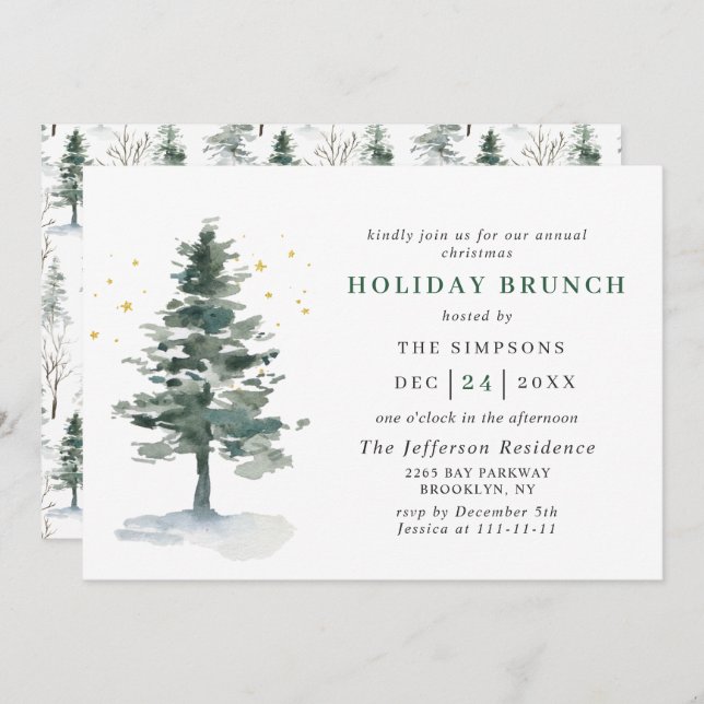 Watercolor Pine Tree Chic Christmas HOLIDAY BRUNCH Invitation (Front/Back)