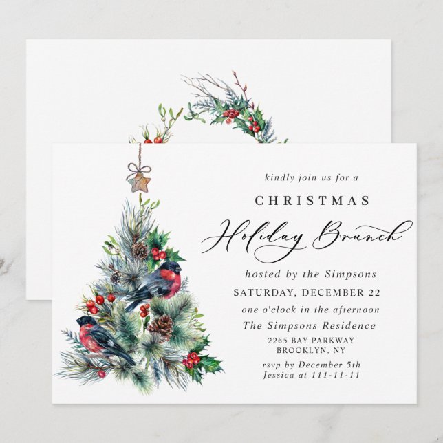 Watercolor Pine Tree Chic Christmas HOLIDAY BRUNCH Invitation (Front/Back)