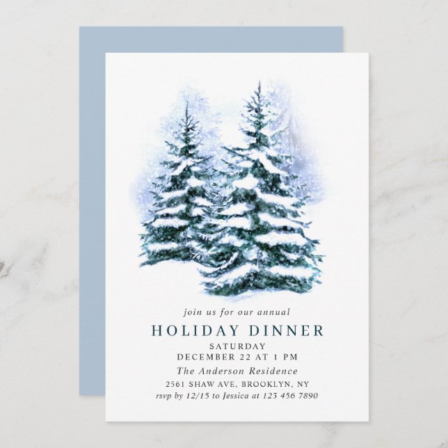 Watercolor Pine Tree Chic Christmas HOLIDAY DINNER Invitation (Front/Back)