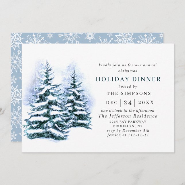 Watercolor Pine Tree Chic Christmas HOLIDAY DINNER Invitation (Front/Back)