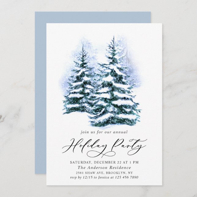Watercolor Pine Tree Chic Christmas Holiday Party Invitation (Front/Back)