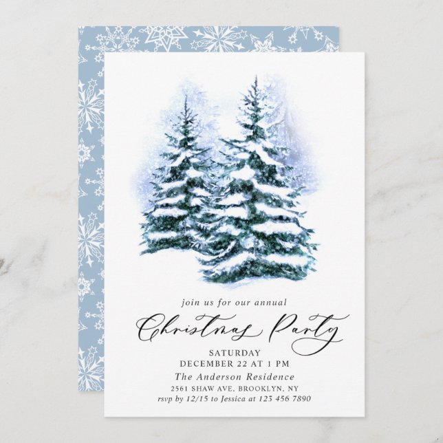 Watercolor Pine Tree Chic Christmas Holiday Party Invitation (Front/Back)