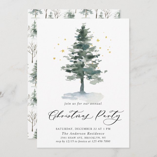 Watercolor Pine Tree Chic Christmas Holiday Party Invitation (Front/Back)
