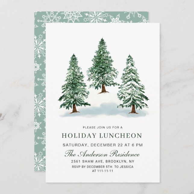 Watercolor Pine Tree Christmas Holiday Luncheon Invitation (Front/Back)