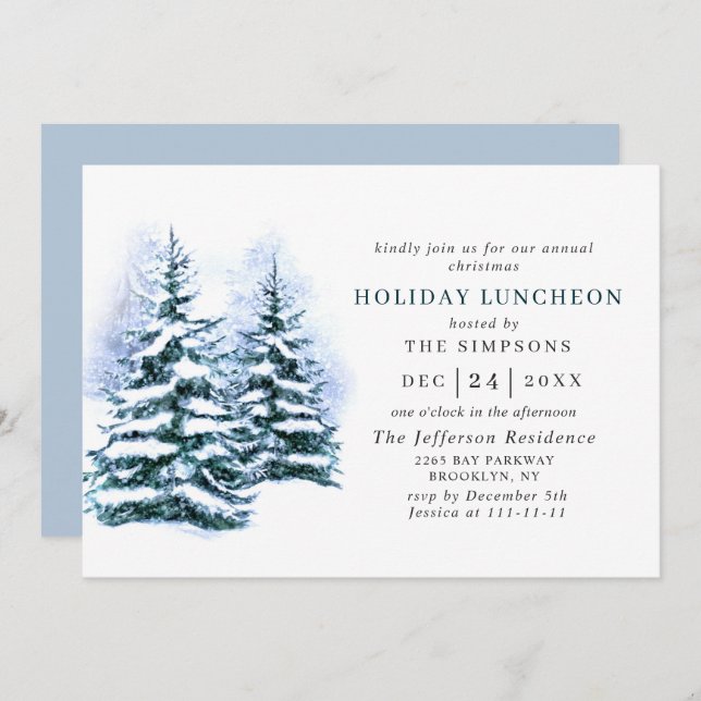Watercolor Pine Tree Christmas Holiday Luncheon Invitation (Front/Back)