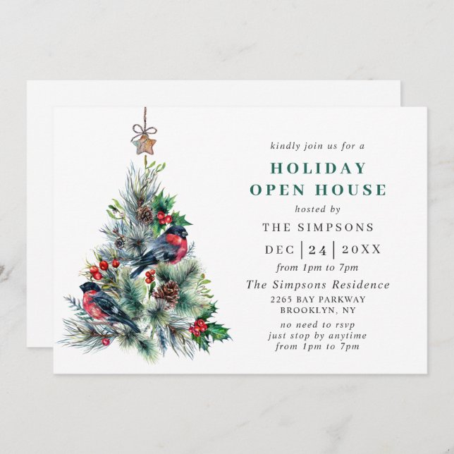 Watercolor Pine Tree Christmas Holiday Open House Invitation (Front/Back)