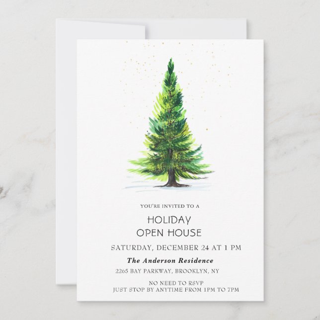 Watercolor Pine Tree Christmas Holiday Open House Invitation (Front)