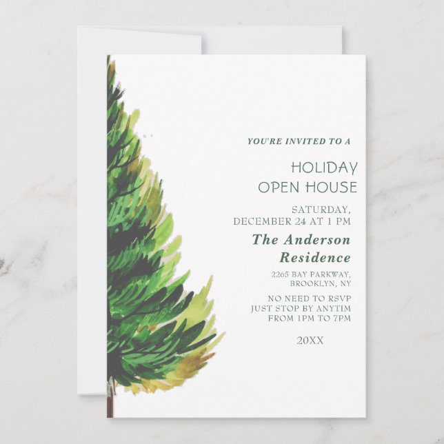 Watercolor Pine Tree Christmas Holiday Open House Invitation (Front)
