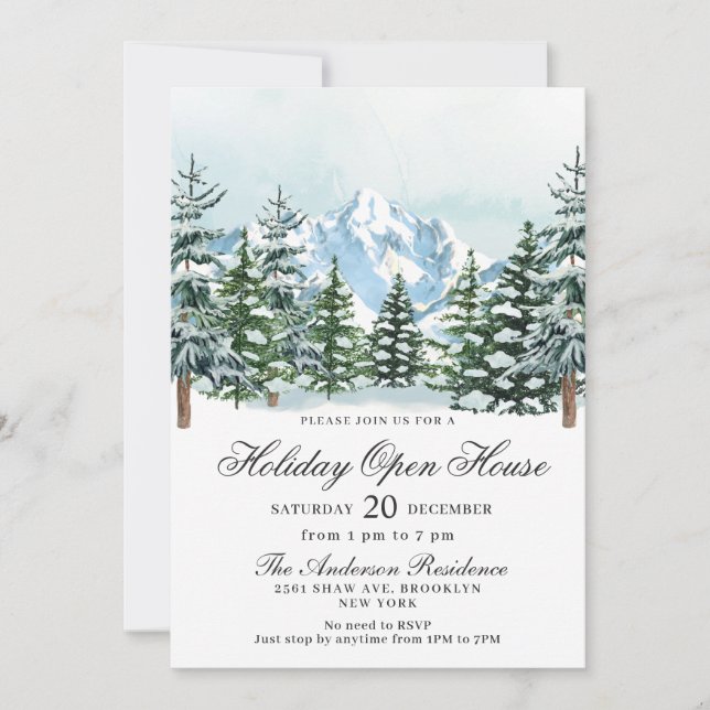 Watercolor Pine Tree Christmas Holiday Open House Invitation (Front)