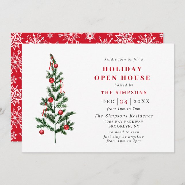 Watercolor Pine Tree Christmas Holiday Open House Invitation (Front/Back)
