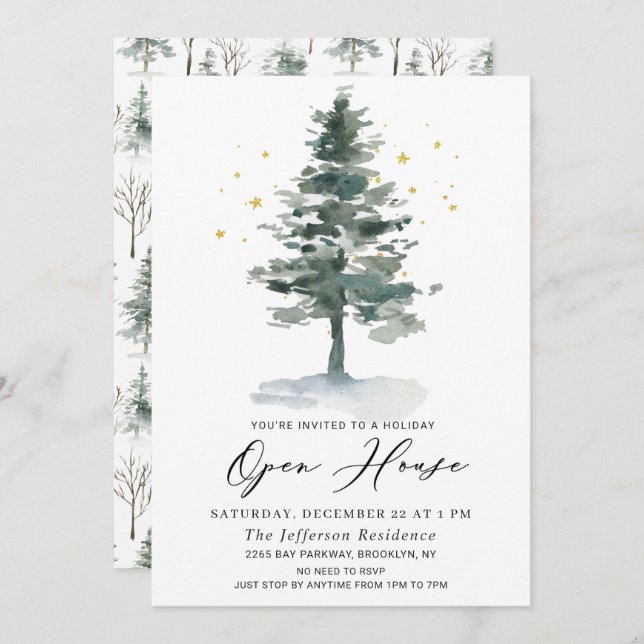 Watercolor Pine Tree Christmas Holiday Open House Invitation (Front/Back)