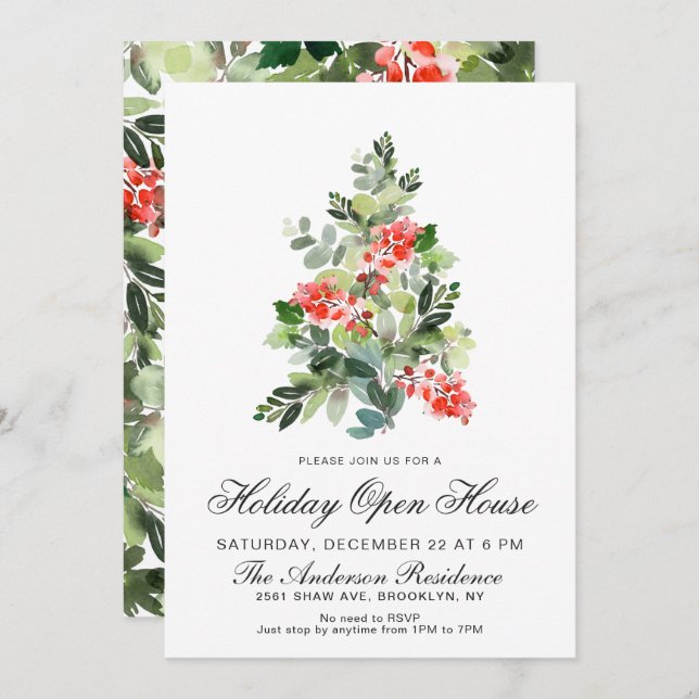 Watercolor Pine Tree CHRISTMAS HOLIDAY OPEN HOUSE  Invitation (Front/Back)