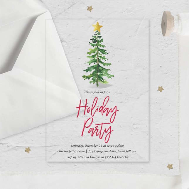 Watercolor Pine Tree Christmas Holiday Party Acrylic Invitations (Creator Uploaded)