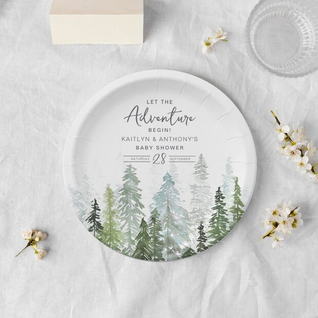 Watercolor Pine Tree Forest Baby Shower Paper Plate (Creator Uploaded)