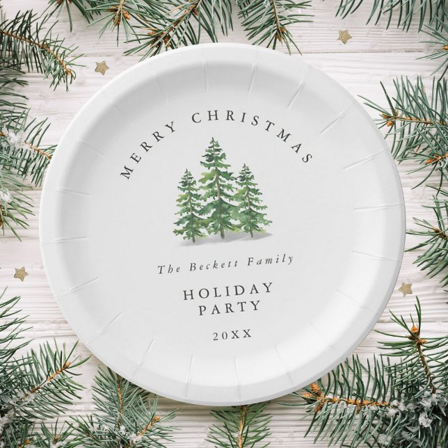 Watercolor Pine Tree Forest Holiday Party Paper Plate (Creator Uploaded)