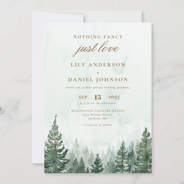 Watercolor Pine Tree Forest Intimate Wedding Invitation (Front)