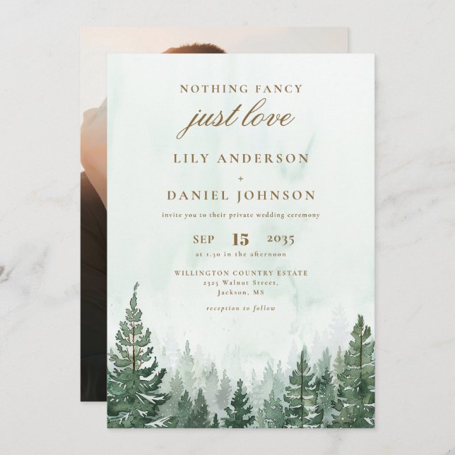 Watercolor Pine Tree Forest Intimate Wedding Photo Invitation (Front/Back)
