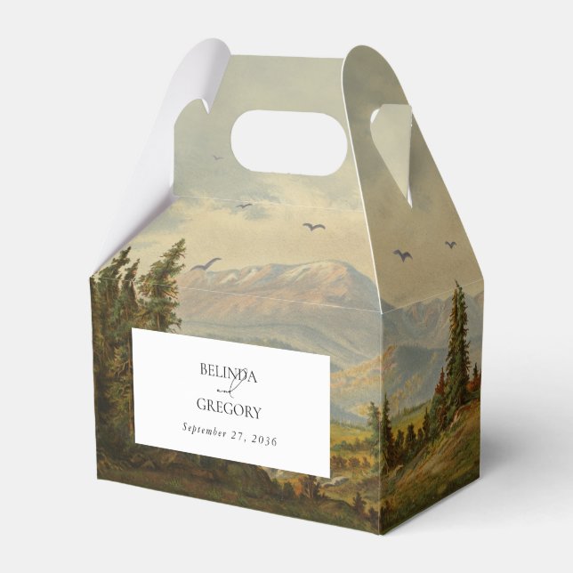 Watercolor Pine Tree Forest Mountains Wedding Favour Box (Front Side)