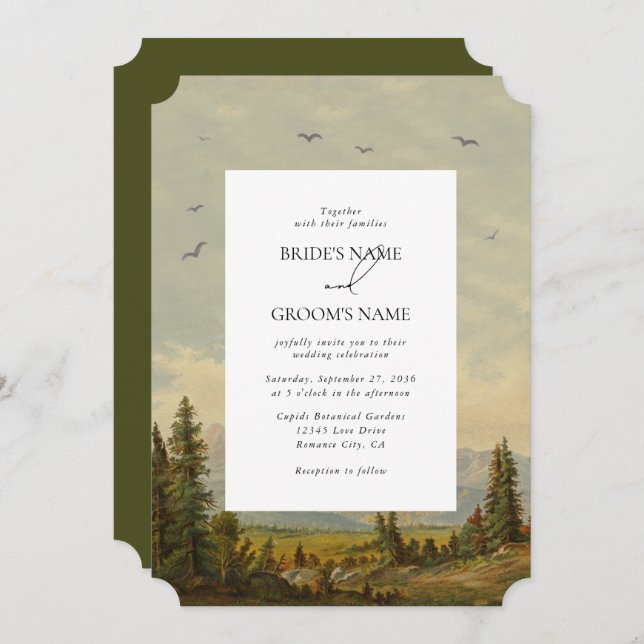 Watercolor Pine Tree Forest Mountains Wedding Invitation (Front/Back)