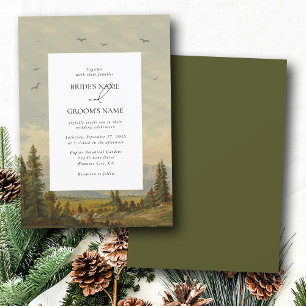 Watercolor Pine Tree Forest Mountains Wedding Invitation