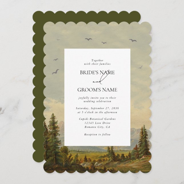 Watercolor Pine Tree Forest Mountains Wedding Invitation (Front/Back)