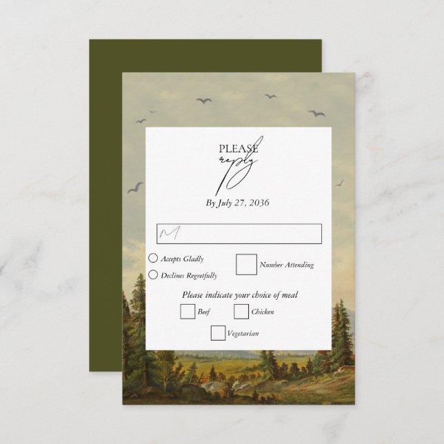 Watercolor Pine Tree Forest Mountains Wedding RSVP Card (Front/Back)