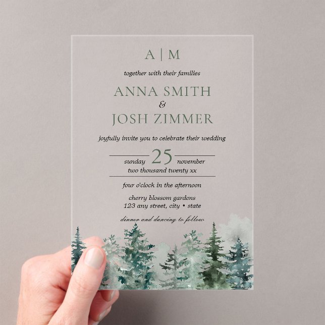 Watercolor Pine Tree Forest Rustic Wedding Acrylic Invitations (Insitu (Handheld))