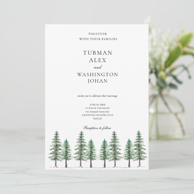 Watercolor Pine Tree Forest Wedding Invitation (Standing Front)