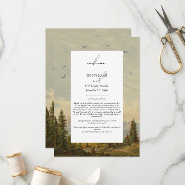 Watercolor Pine Tree Forest Wedding Itinerary  Programme (Front/Back In Situ)