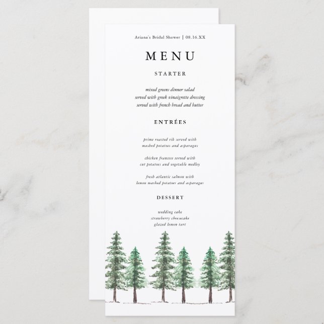 Watercolor Pine Tree Forest wedding Menu (Front/Back)