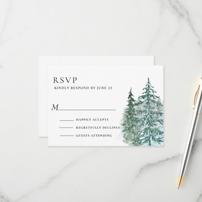 Watercolor Pine Tree Forest wedding RSVP Card (Front/Back In Situ)