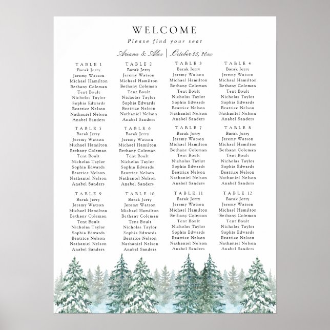 Watercolor Pine Tree Forest wedding setting Chart (Front)