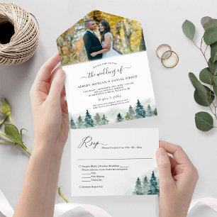 Watercolor Pine Tree Forest Woods Wedding Photo All In One Invitation
