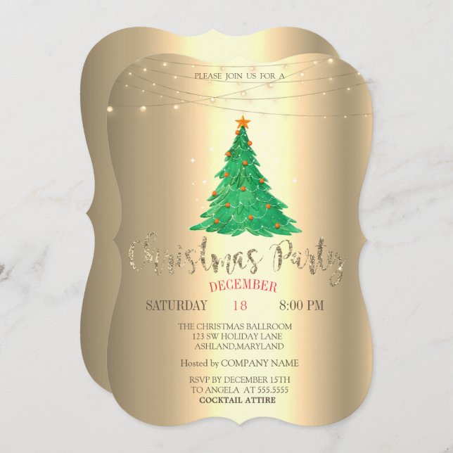 Watercolor Pine Tree, Gold Christmas Party  Invitation (Front/Back)