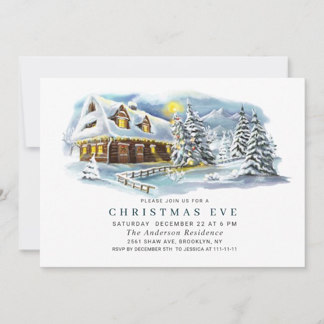 Watercolor Pine Tree HOLIDAY CHRISTMAS EVE Invitation (Front)